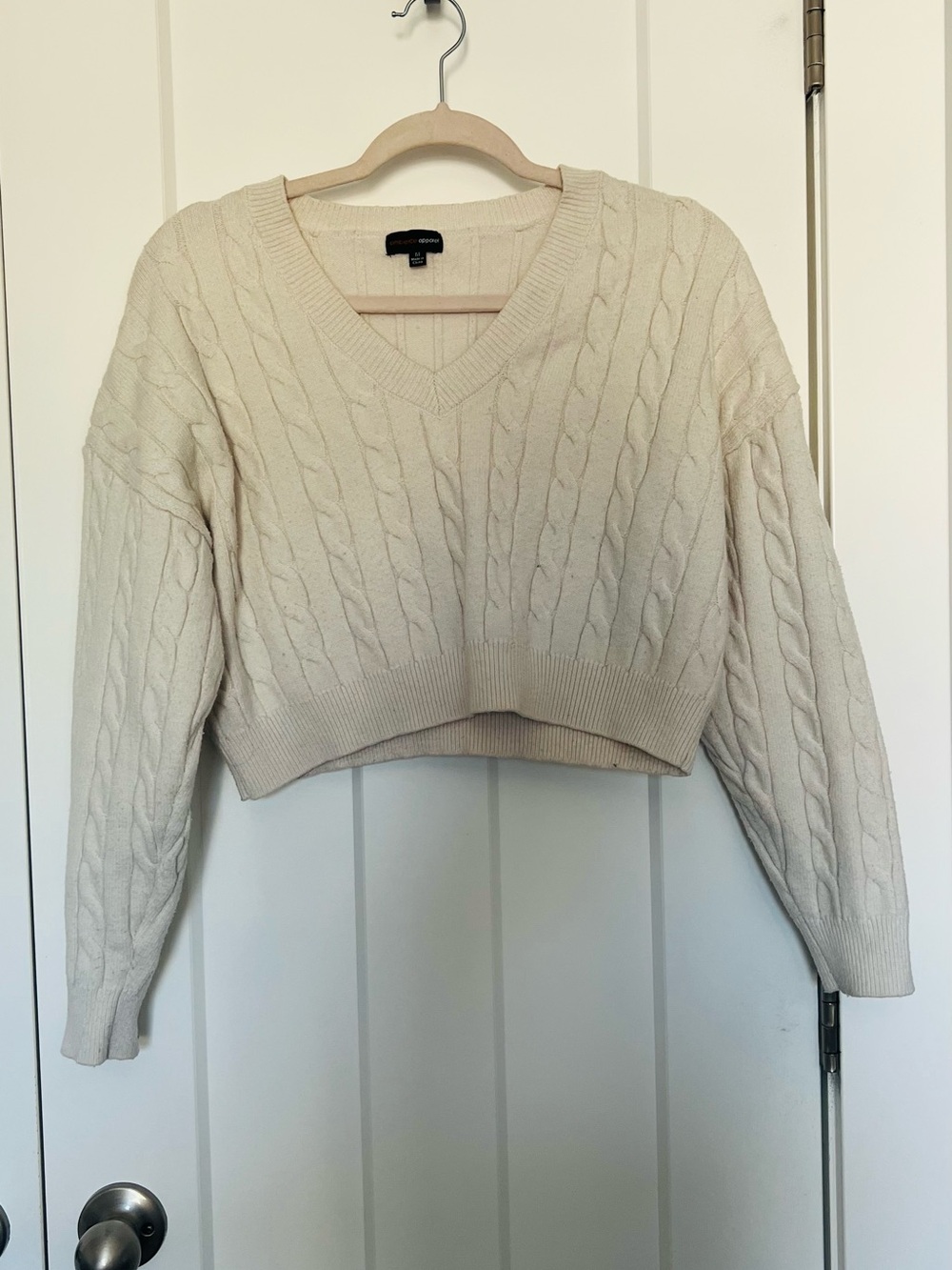 Ambiance Cream Cable Knit V-Neck Cropped Sweater